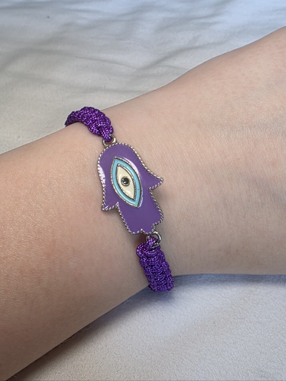 Purple Braided Hamsa Hand And Evil Eye Adjustable Bracelet